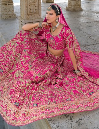 Bright pink wedding style silk lehenga choli