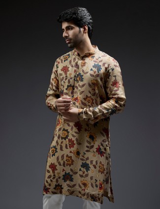 Beige suit in pataudi print silk kurta for men