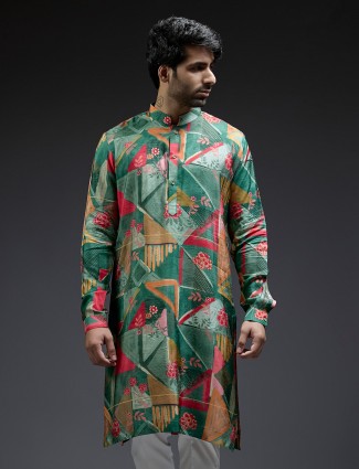 Classy green geometrical printed silk kurta suit