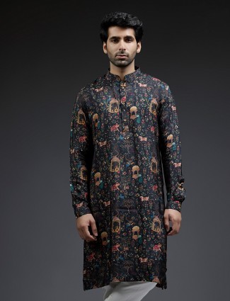 Classic black applique print printed kurta suit for men