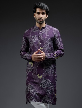 Dark purple tree printed silk kurta suit for men