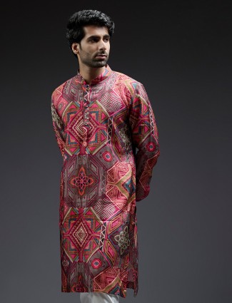 Elegant pink geometrical printed silk kurta suit
