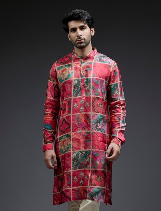 Traditional printed dark pink silk kurta suit