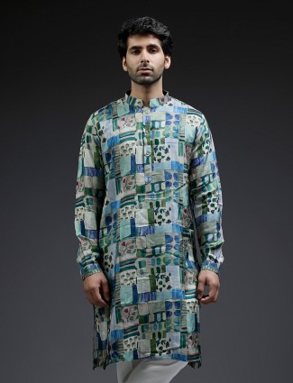 Green and blue coral printed silk kurta suit