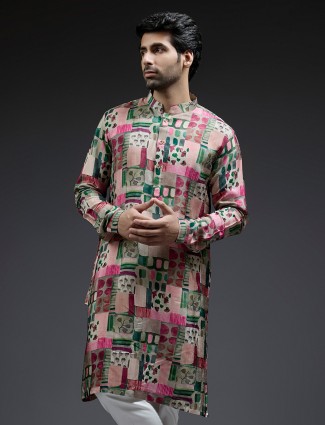 Green and pink coral printed silk kurta suit
