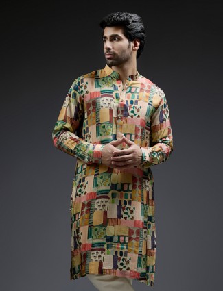 Green and yellow coral printed silk kurta for men