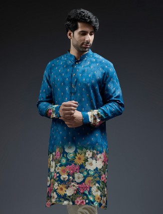 Stunning blue flower floral printed silk kurta suit