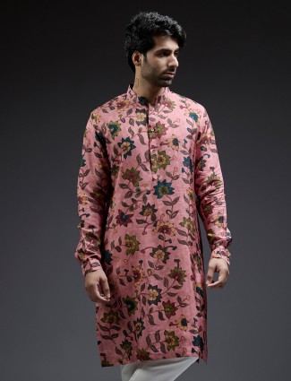 Rust pink silk kurta suit in pataudi print for men