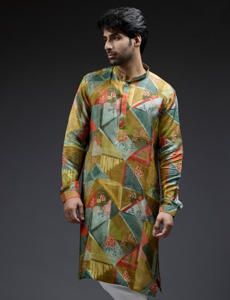 Mehndi yellow geometrical printed design silk kurta suit for men