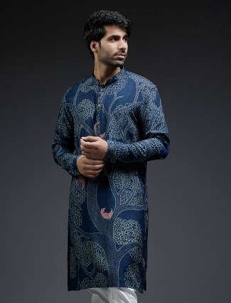 Navy tree printed design silk kurta suit for men