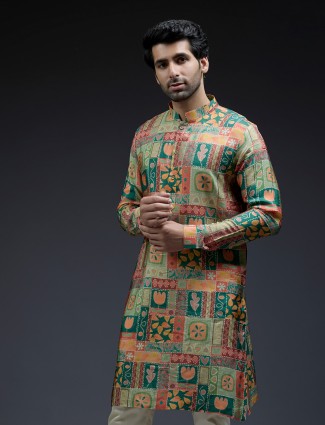 Unique ethnic print silk green kurta suit for men