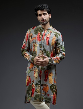 Royal grey village theme silk kurta suit for men
