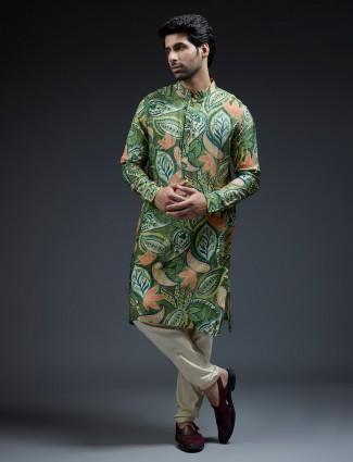 Stylish green tropical printed silk kurta suit for men