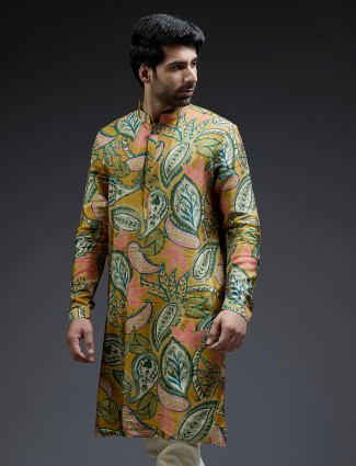 Attractive yellow and green silk tropical printed kurta suit for men