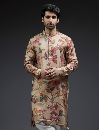 Awesome applique beige printed silk kurta suit for men