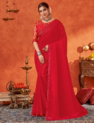 Attractive red party-wear chiffon saree
