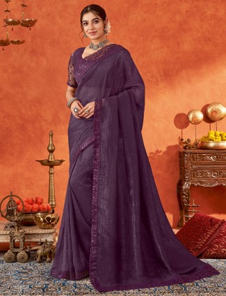 Dark purple  festive wear chiffon saree