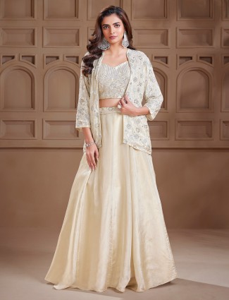 Dazzling cream silk jacket style lehenga choli for weddings