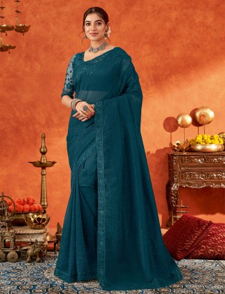 Rama blue chiffon  festive style saree