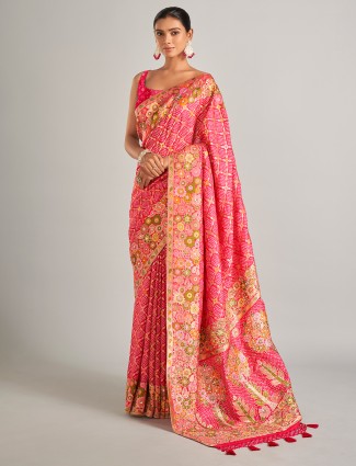 Beautiful bandhani printed pink silk saree