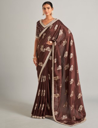 Beautiful zari work brown silk saree