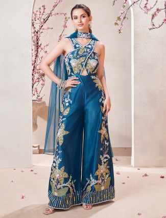 Blue silk  party wear jumpsuit with dupatta