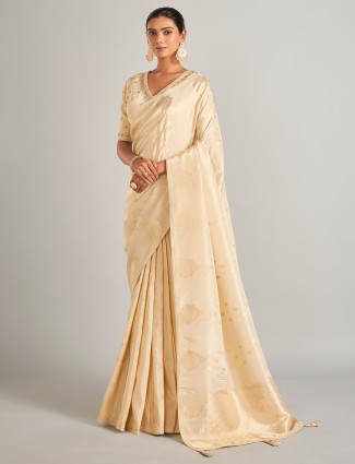 Classic beige zari work silk saree