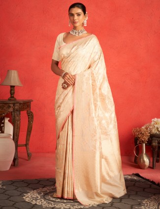 Pure banarasi upada cream silk zari worked saree