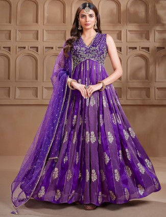 Dark purple silk anarkali party style salwar suit