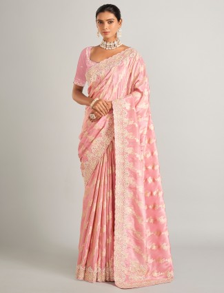Glowing light pink zari worked silk saree