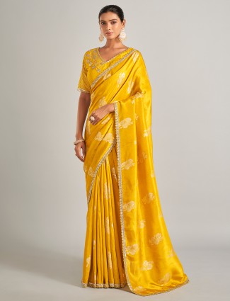 Radiant mustard yellow  zari work silk saree