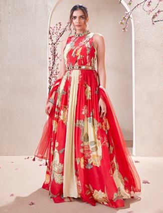 Red silk printed salwar suit with matching dupatta