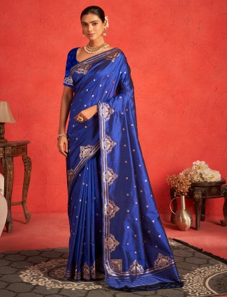 Attractive blue saree in zari work with unstitched blouse