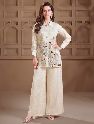 Trendy beige reception style palazzo suit