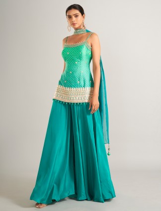 Bandhani print silk rama green palazzo suit