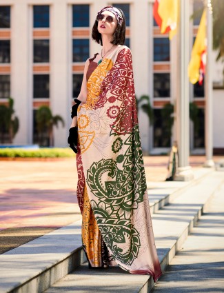 Printed beige satin silk saree