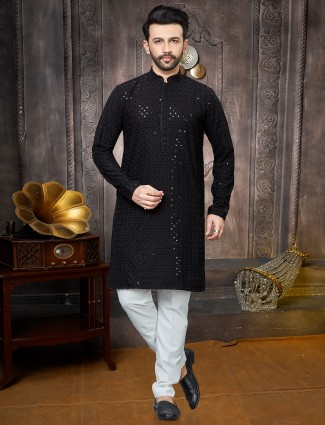 Classic black georgette kurta suit inn sequins for men