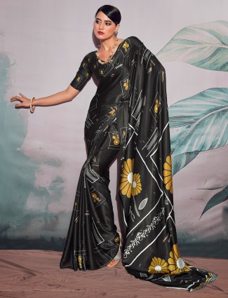 Printed black satin saree for festive season