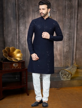 Stunning dark blue georgette sequins kurta suit for men