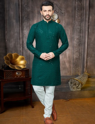 Stunning dark green georgette sequins kurta suit for men