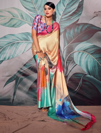 Golden printed satin saree