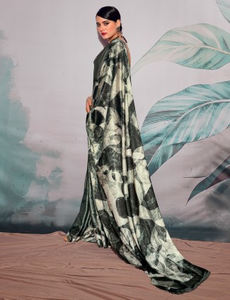 Green satin printed festive style saree
