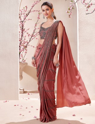 Newest brown satin ready to wear saree