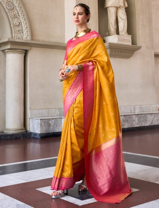 Festive style mustard yellow silk saree
