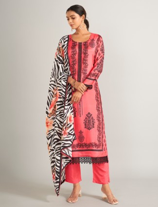 Dark peach printed silk salwar suit
