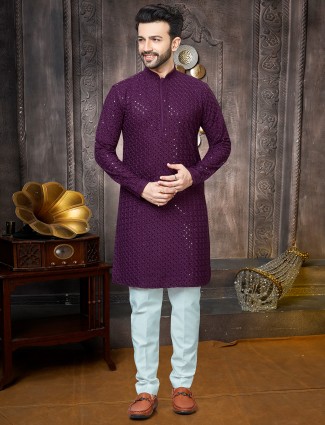 Attractive purple georgette sequins kurta suit for men