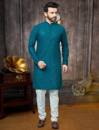 Impressive rama Blue georgette sequins kurta suit for men