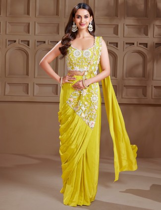 Impressive lime yellow satin saree