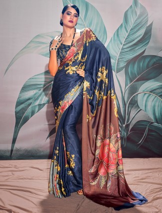 Trendy navy satin saree for festive upcoming festive season