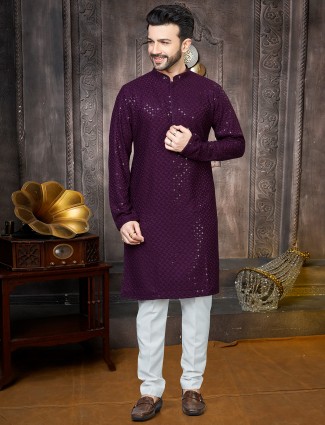 Stunning wine georgette sequins kurta suit for men